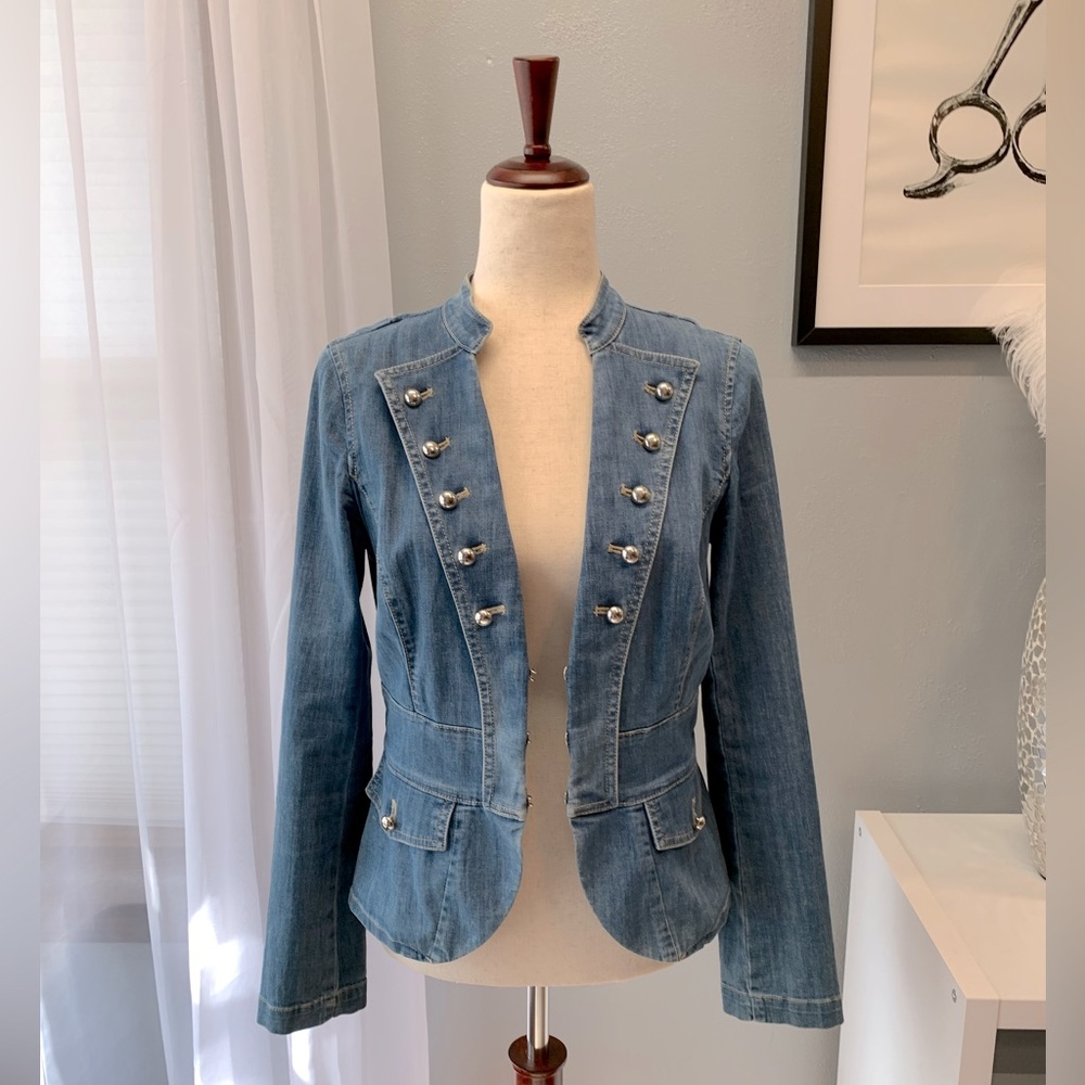 White House Black Market Military Style Denim Blazer Jacket Size 4